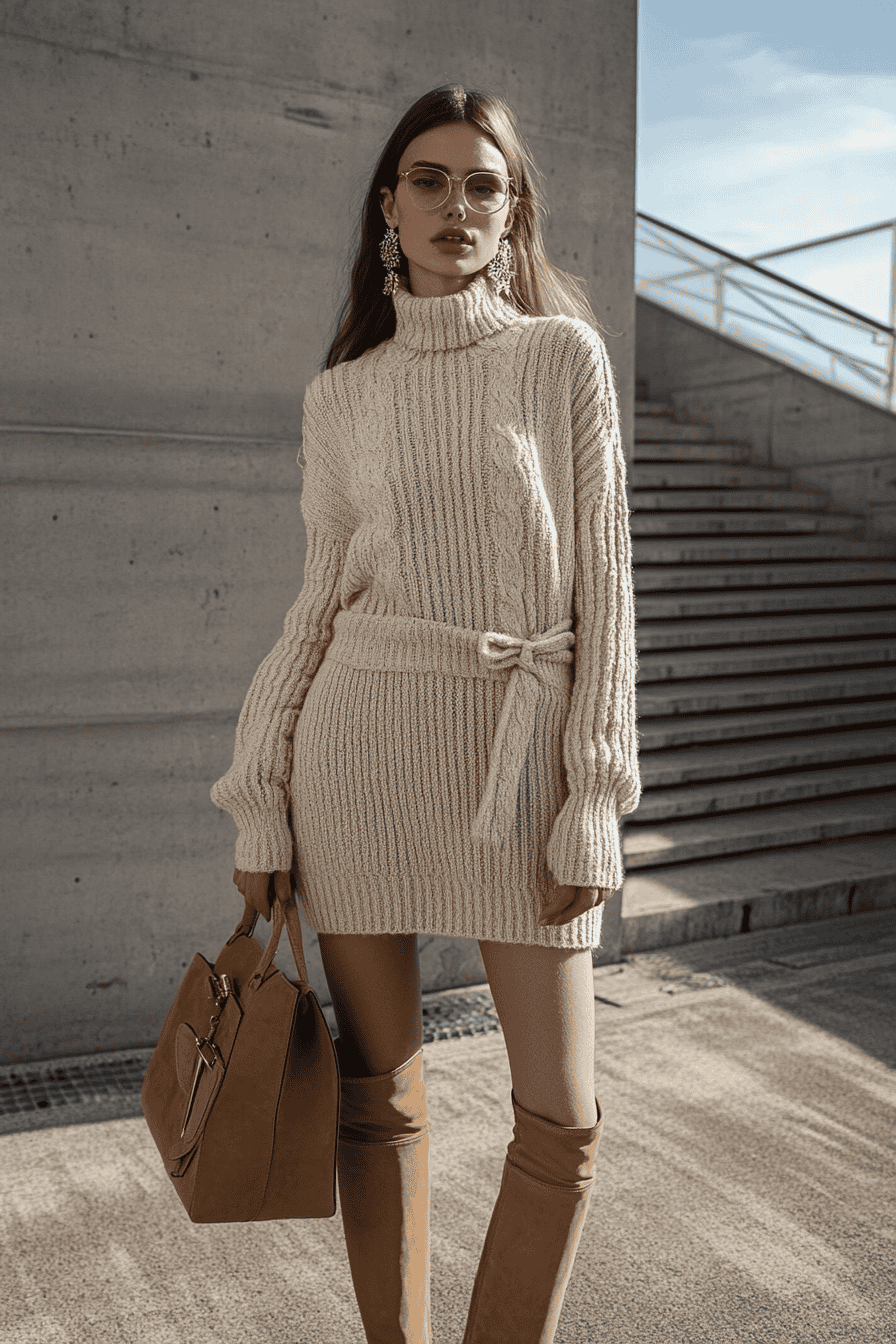 Fashionable woman in cream sweater dress and thigh-high boots posing in urban setting with handbag.