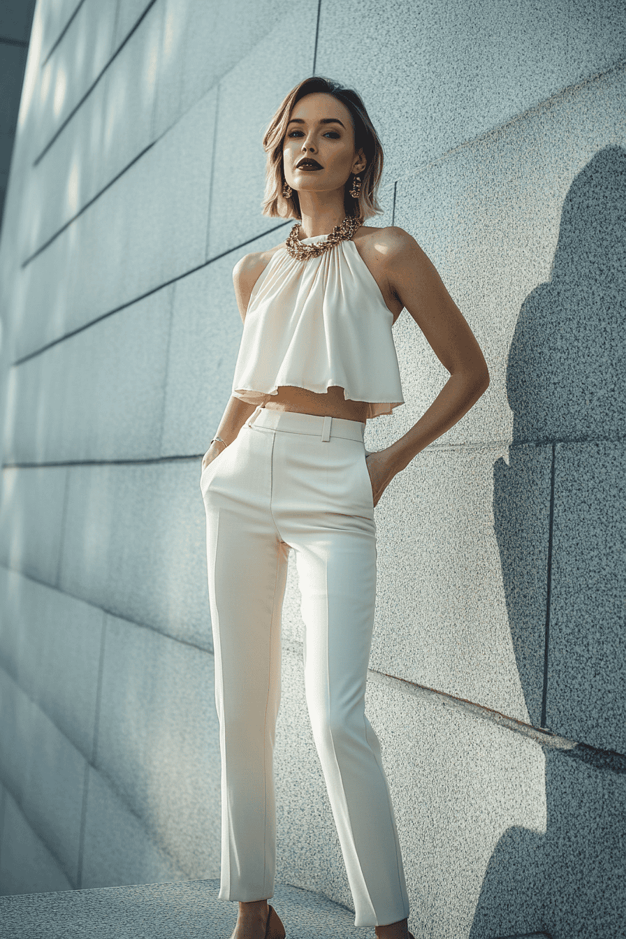 Elegant model in cream halter top and trousers, modern fashion, gold accessories, gray architectural background.