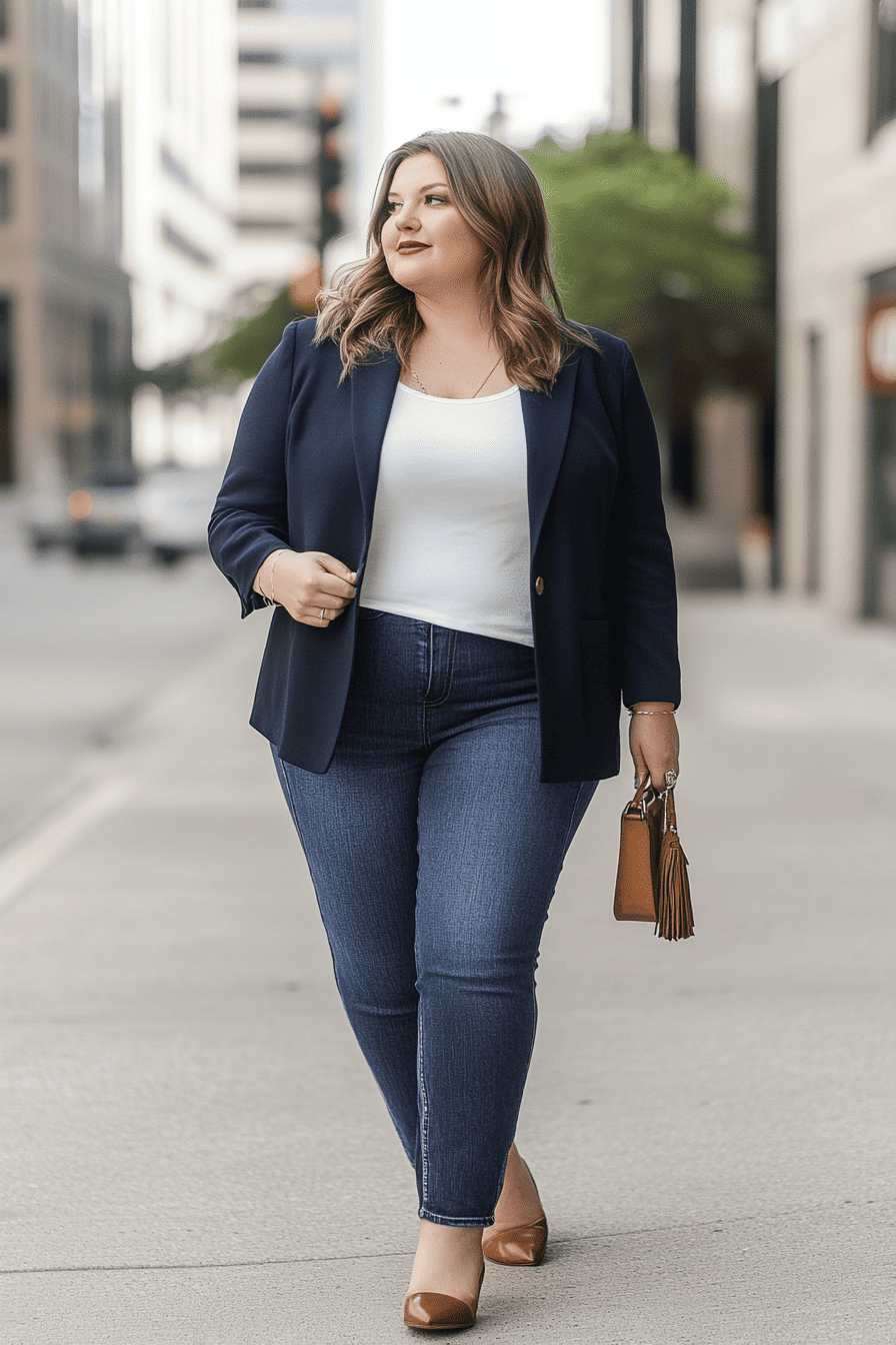 Confident businesswoman in navy blazer, skinny jeans, and heels walking in stylish city street.