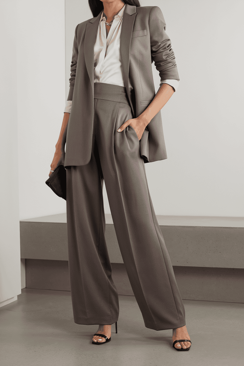 Sophisticated oversized blazer outfit with wide-leg trousers, strappy heels, and a chic clutch.