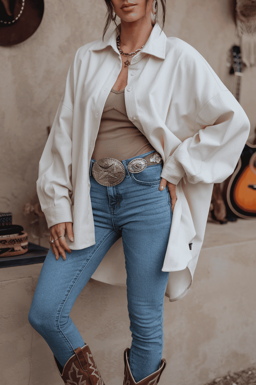 Woman in stylish modern Western outfit with oversized shirt, denim jeans, and cowboy boots.
