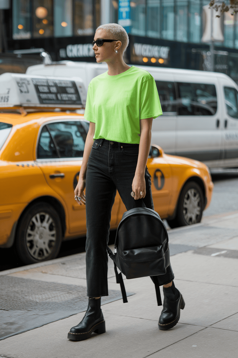 Young woman in neon green shirt and black jeans on a vibrant urban street.