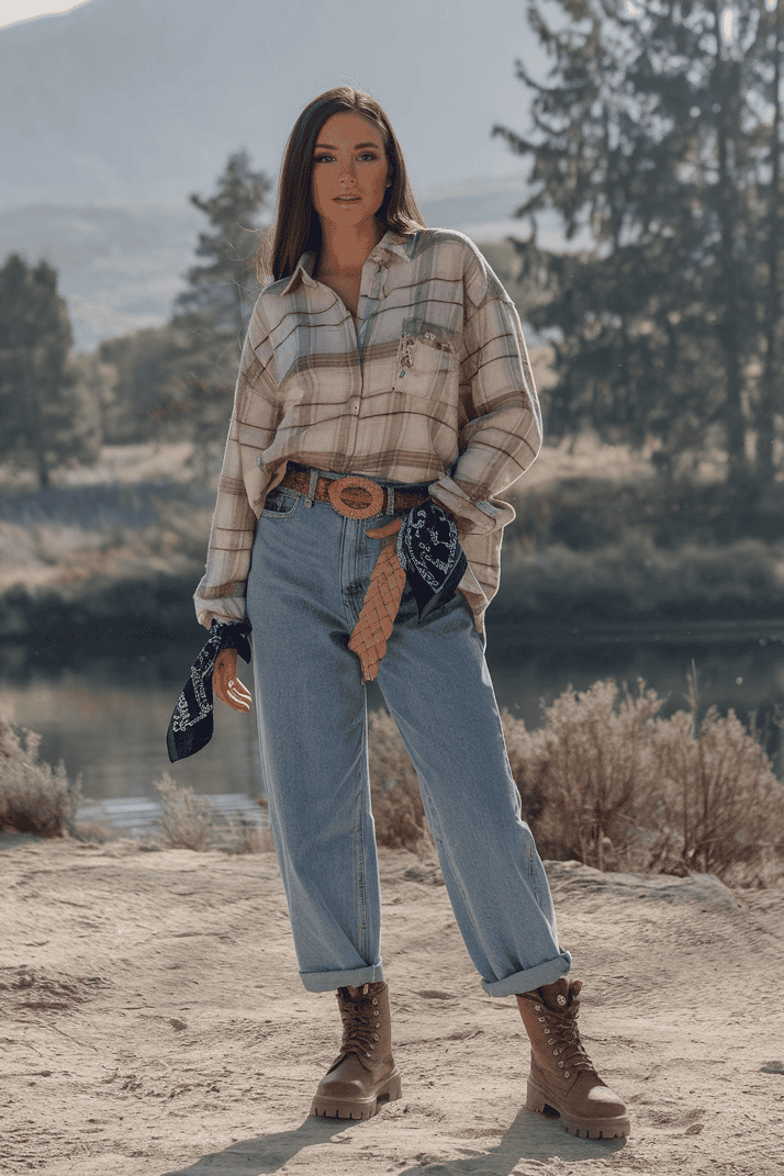 Young woman in plaid shirt by serene river, surrounded by nature and distant mountains.