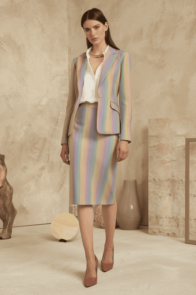 Model in pastel striped suit exudes confidence against a neutral textured background.