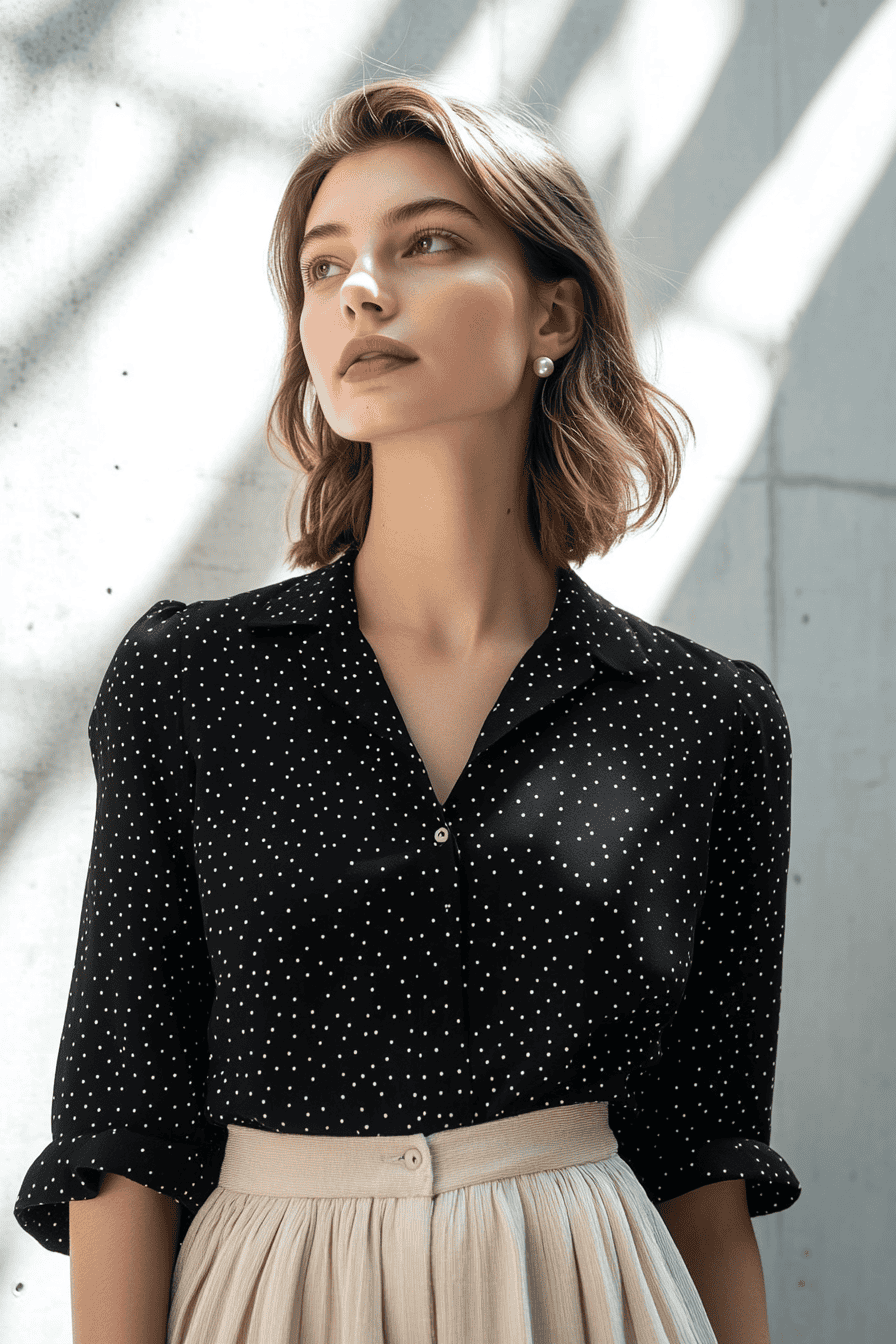 Stylish woman in black polka dot blouse and cream skirt posing against a minimalist concrete background.