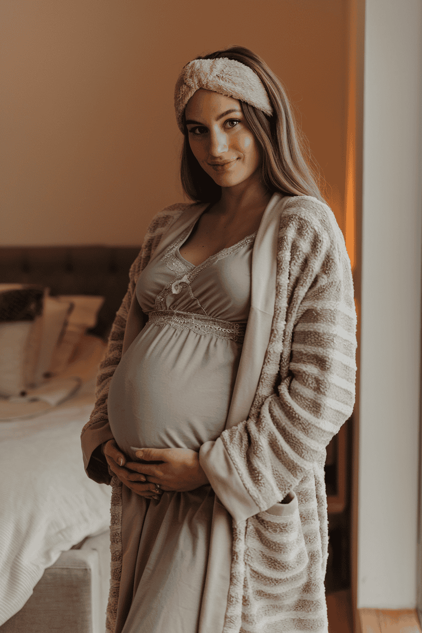 Confident pregnant woman in cozy bedroom, radiating beauty and serenity while cradling her belly.
