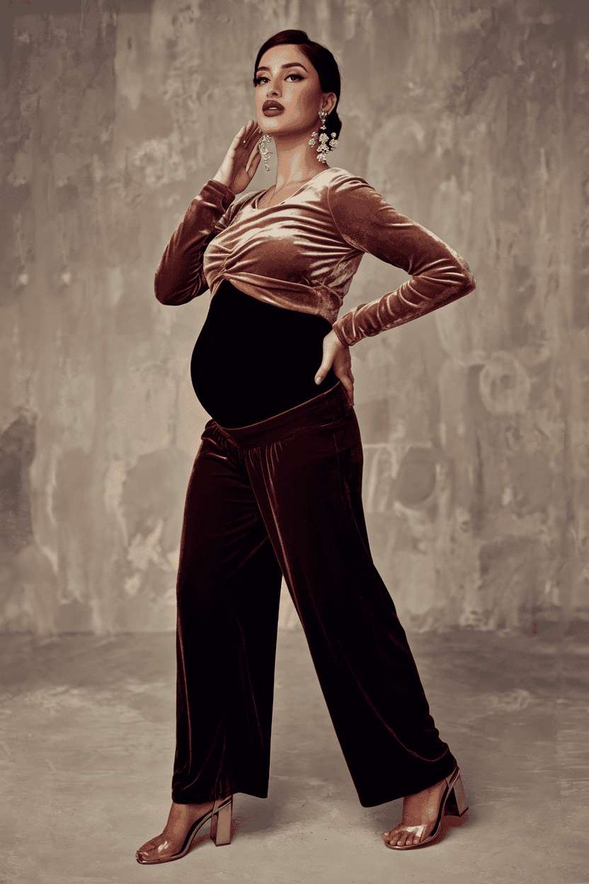 Pregnant woman in elegant outfit exudes confidence with stylish velvet top and chic accessories.