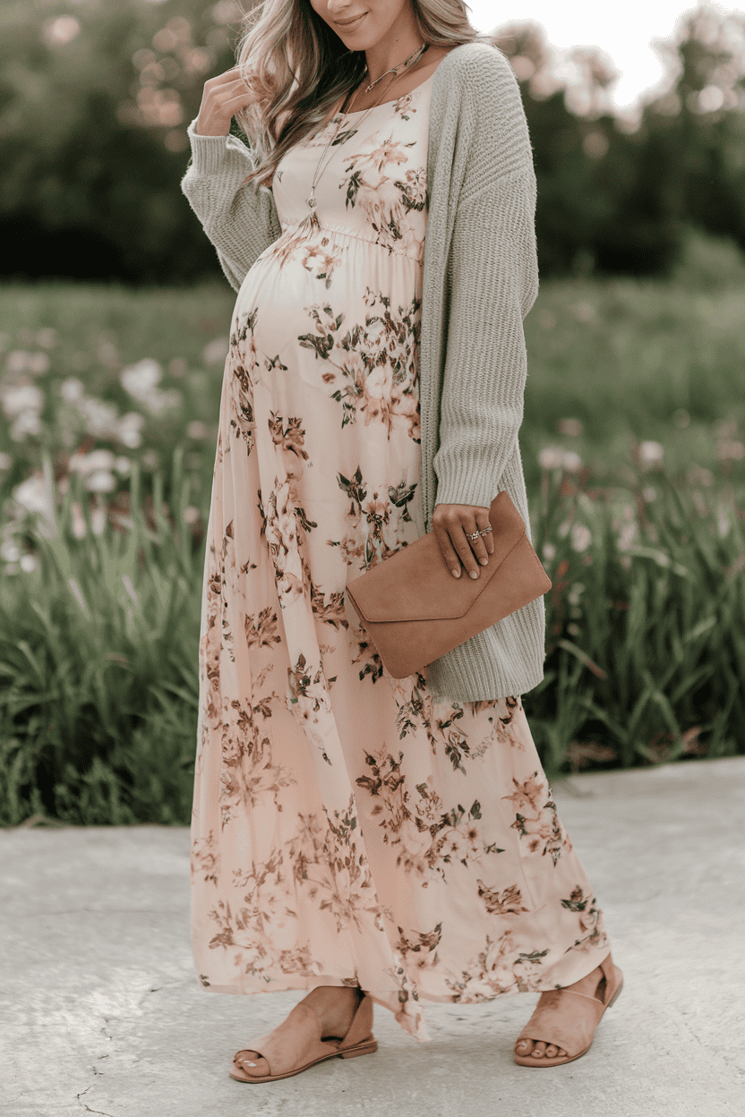 Pregnant woman in a maxi dress enjoys a serene garden setting during early evening.