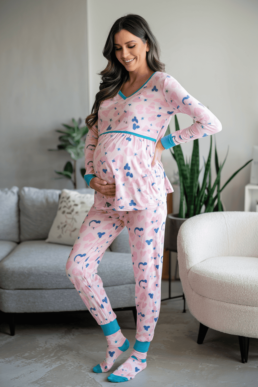 Joyful pregnant woman wearing playful pink maternity pajamas, cradling her baby bump in a cozy home.