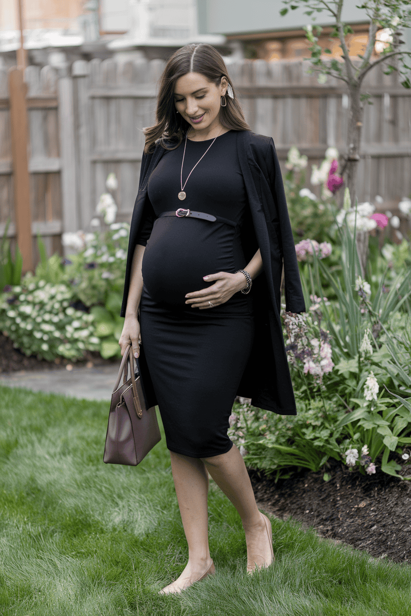 Stylish pregnant woman in a lush garden, showcasing elegance and beauty in maternity fashion.