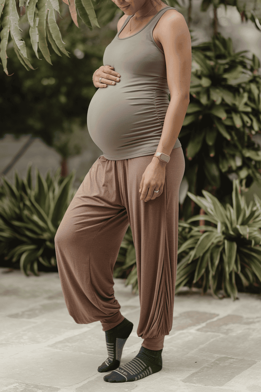 Pregnant woman cradling baby bump in serene nature, surrounded by lush greenery and tranquility.