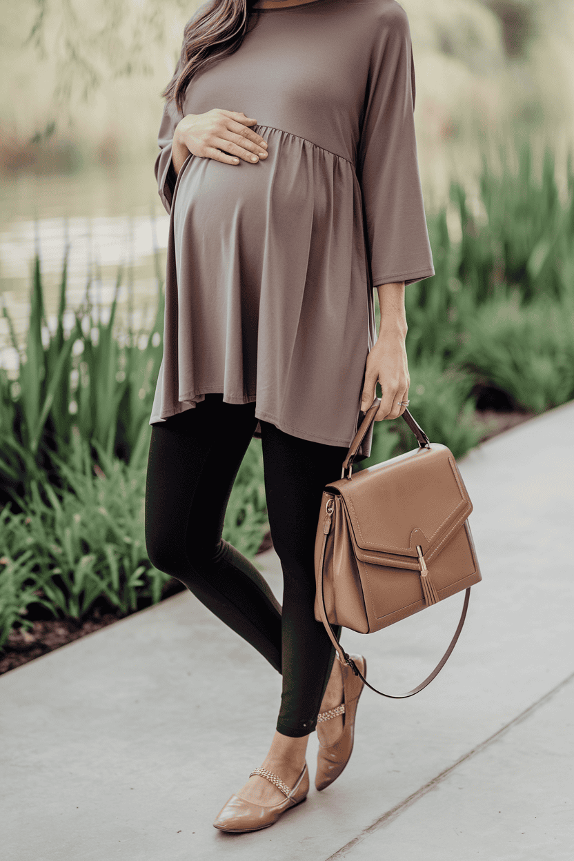 Pregnant woman in stylish outfit by tranquil water, embracing nature and maternity glow.
