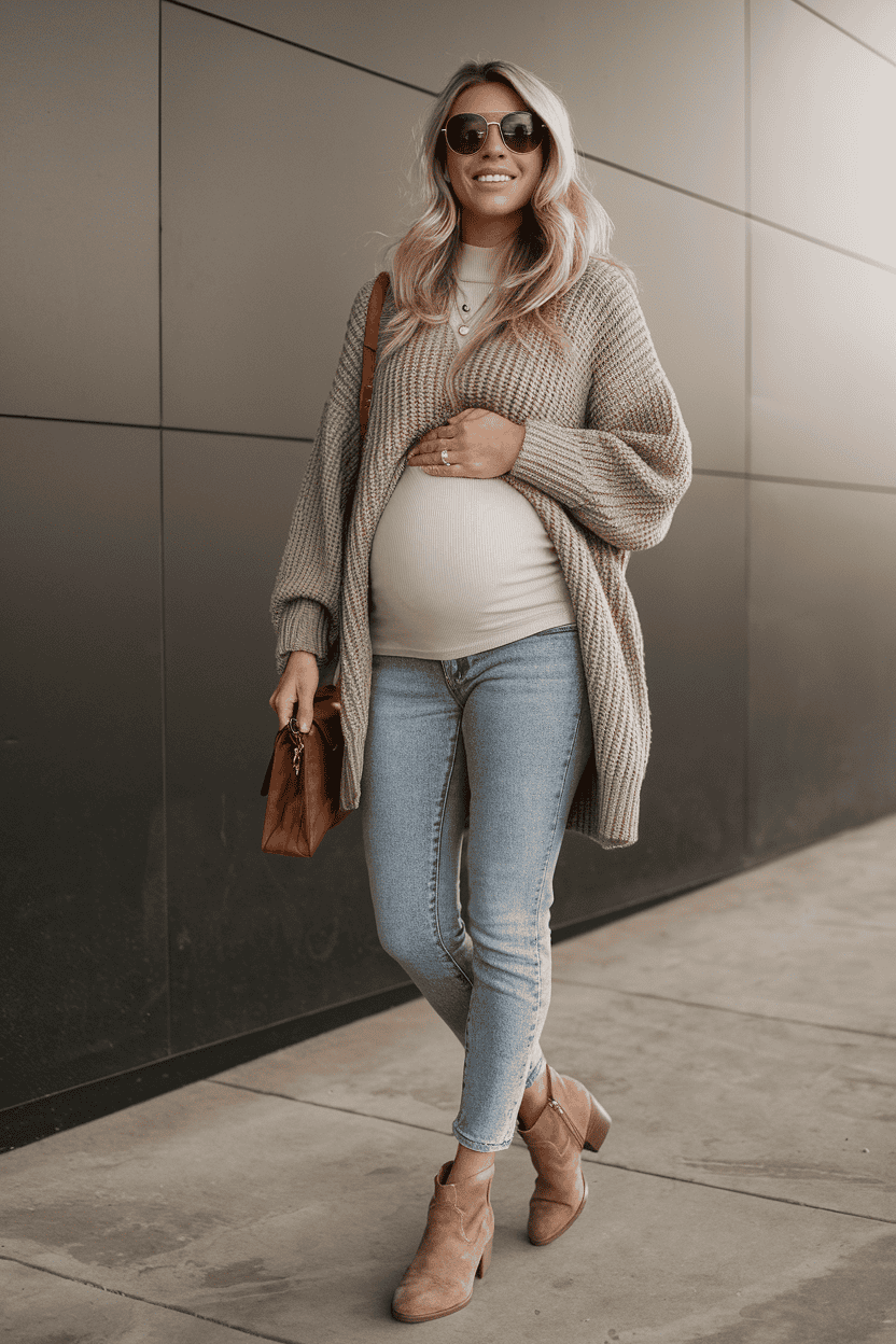 Fashionable pregnant woman in oversized cardigan and jeans radiates modern style and confidence.