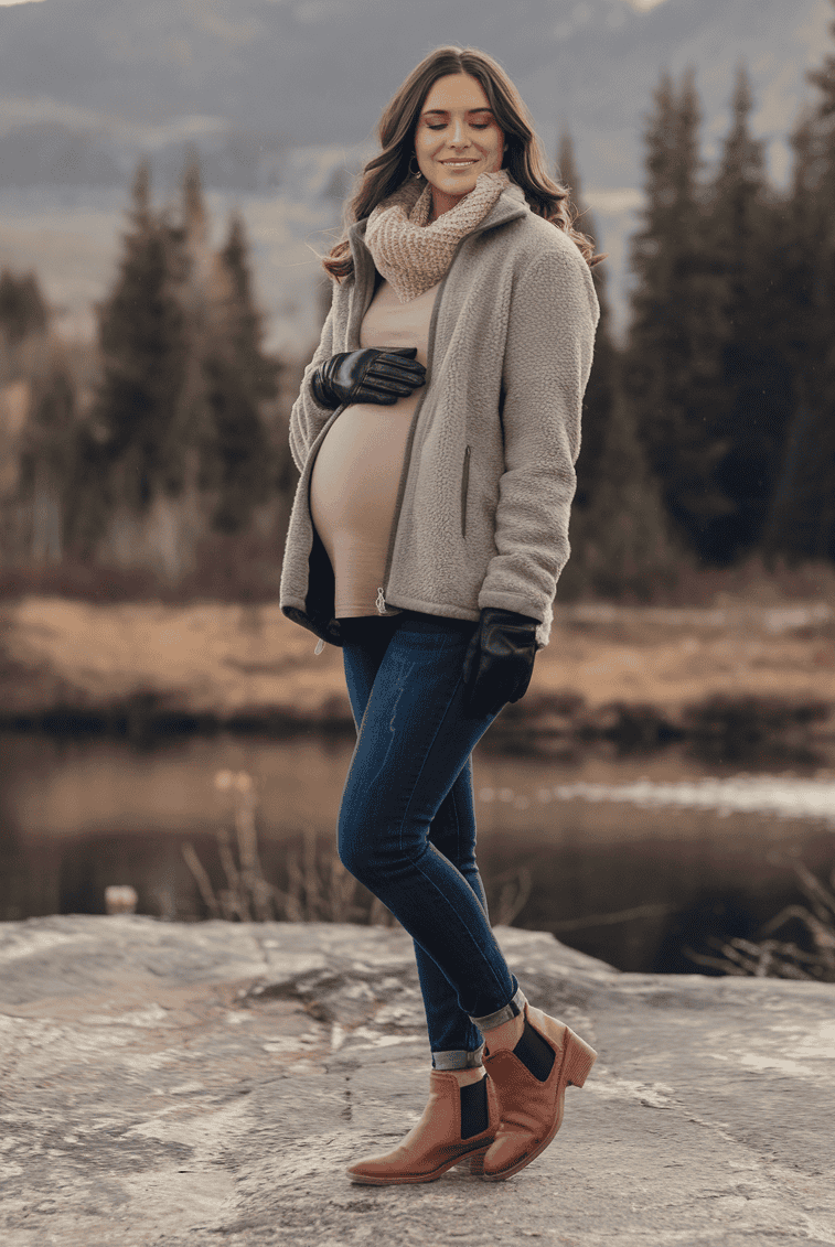 Pregnant woman enjoying nature by the water, radiating warmth and tranquility in layered attire.