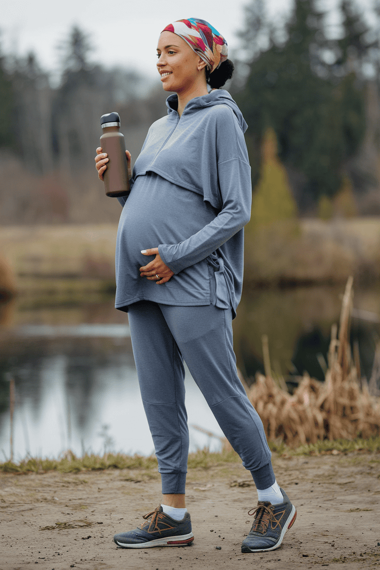 Pregnant woman enjoying nature by a serene lake, dressed comfortably in athletic wear.