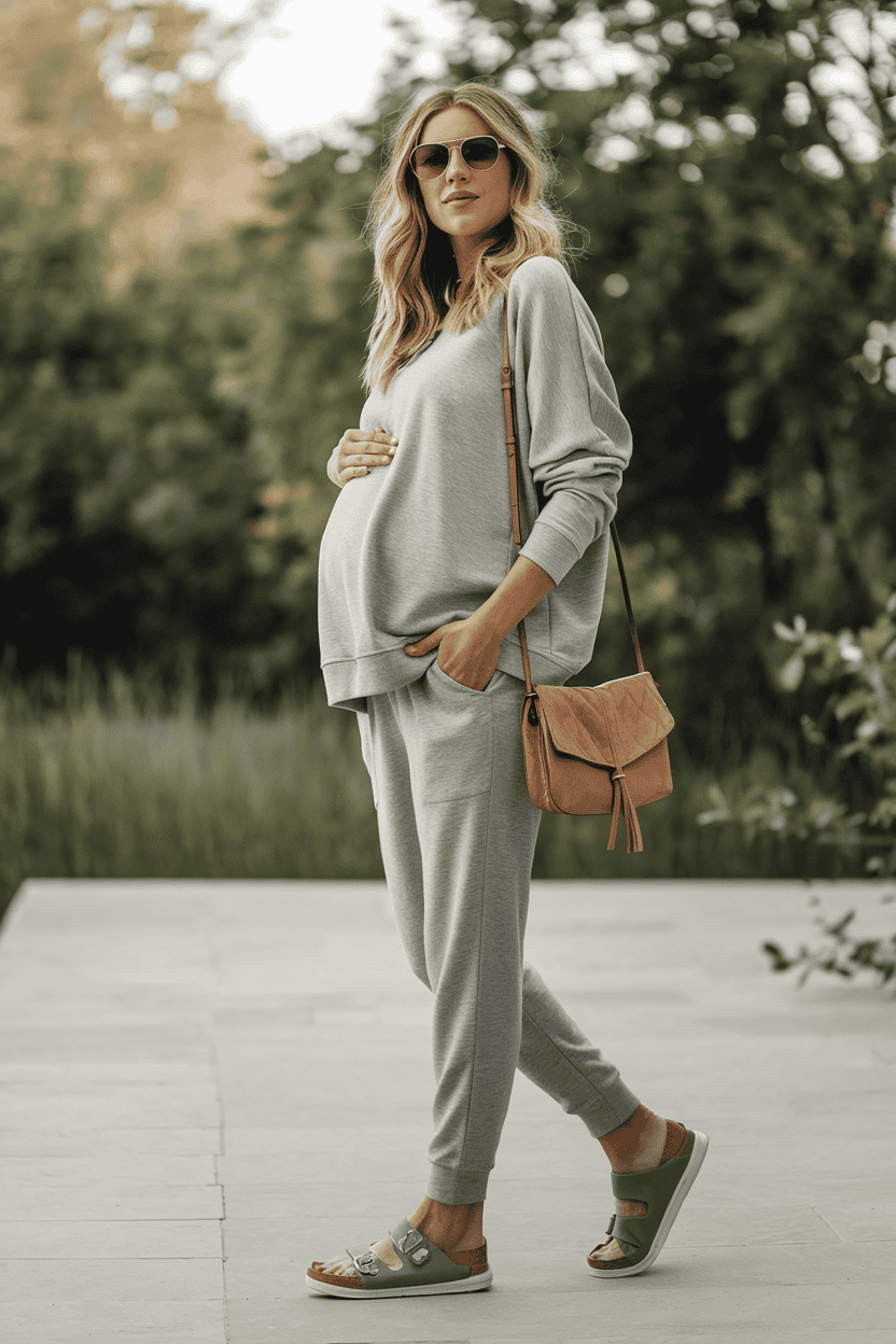 Pregnant woman in casual outfit enjoying a serene outdoor scene with lush greenery.