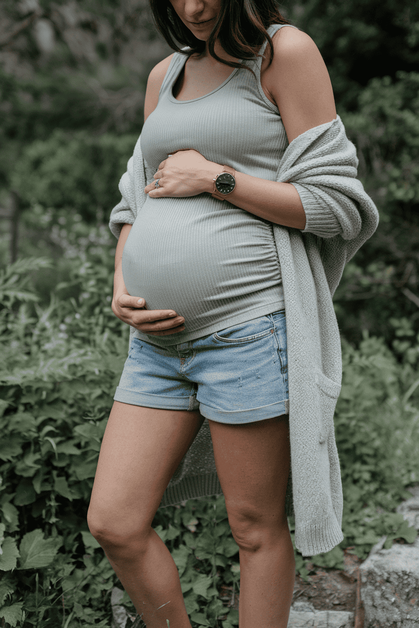 Pregnant woman outdoors, gently cradling her belly in a peaceful green setting.