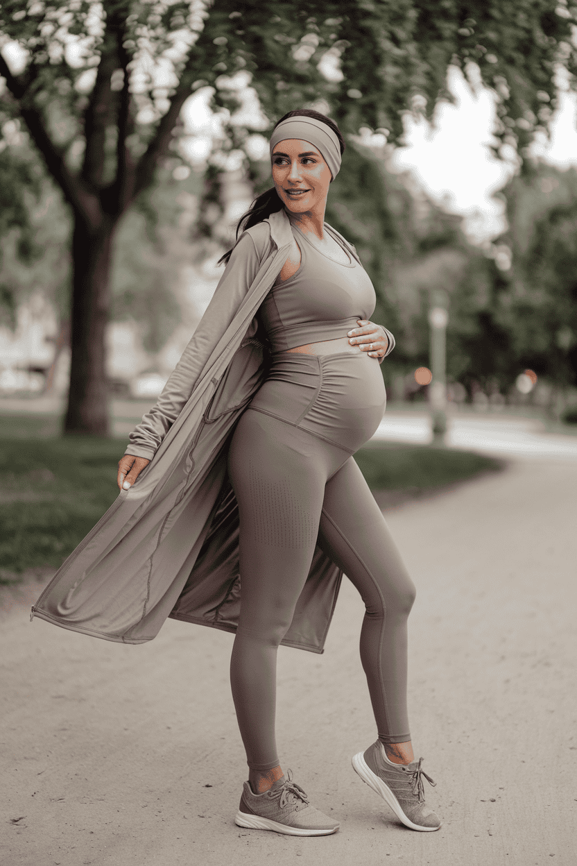 Pregnant woman enjoying a nature stroll in stylish athletic wear, embodying fitness and beauty.