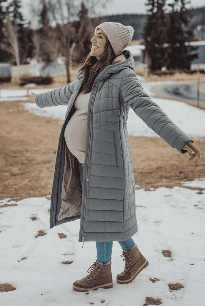 Pregnant woman in winter coat joyfully enjoying a snowy outdoor landscape.
