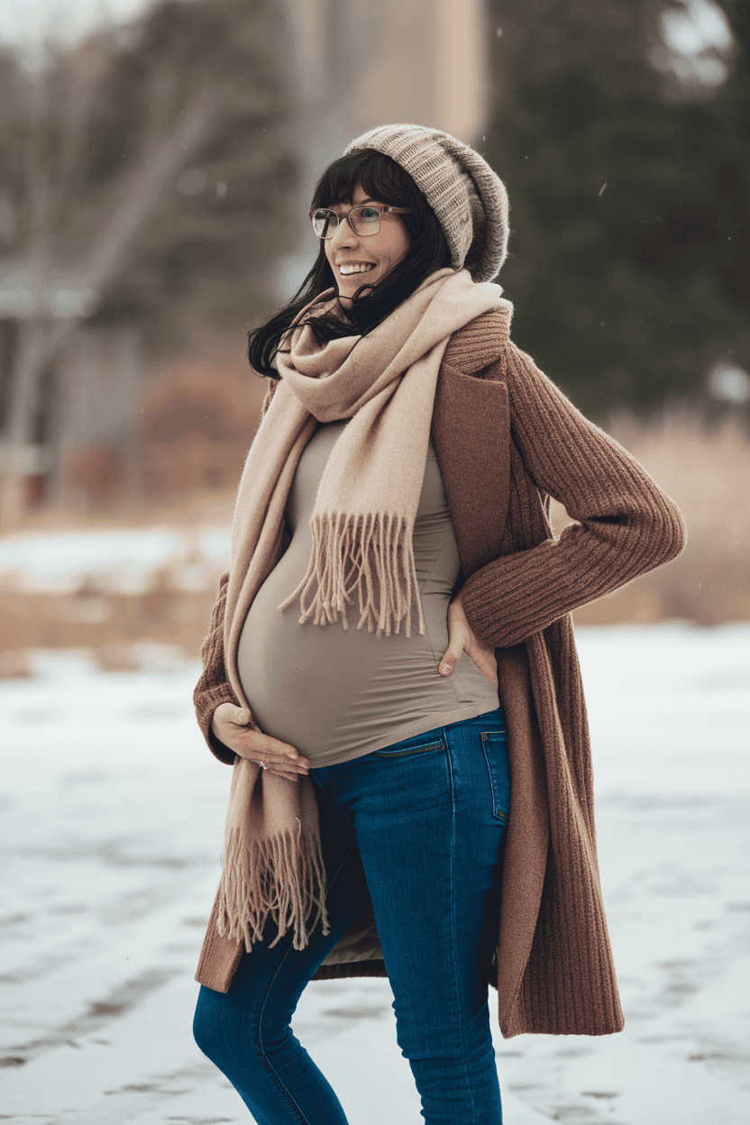 Pregnant woman joyfully poses in winter landscape, showcasing maternal beauty and stylish winter attire.