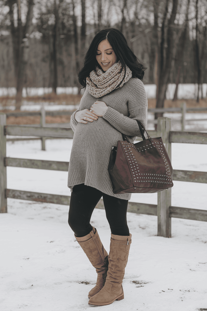 Pregnant woman in cozy sweater enjoying a serene winter snow landscape.