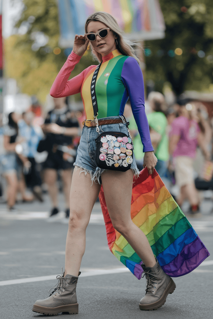 Person in colorful bodysuit holds rainbow flag, celebrating at vibrant Pride event.