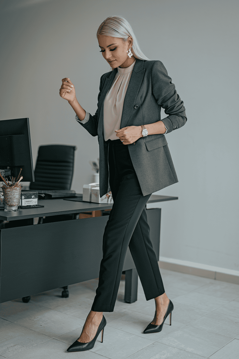 Confident professional woman in stylish office attire exuding elegance and authority in a modern workspace.