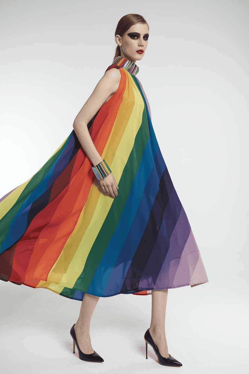 Model in a vibrant rainbow dress showcases bold fashion and elegance against a minimalist background.