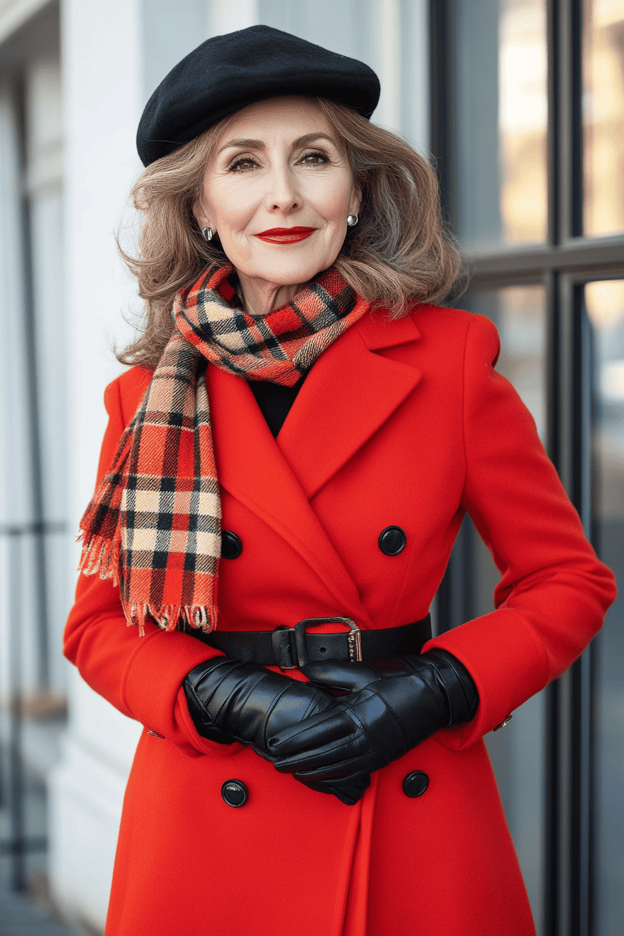 Fashionable woman in red coat, plaid scarf, and black beret posing confidently in urban setting.