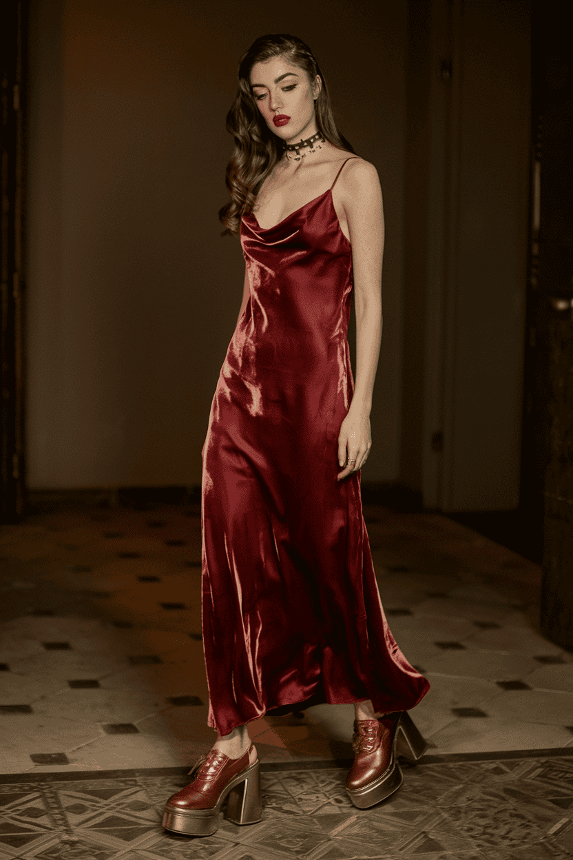 Model in elegant red satin slip dress with chunky heels and soft waves hairstyle.