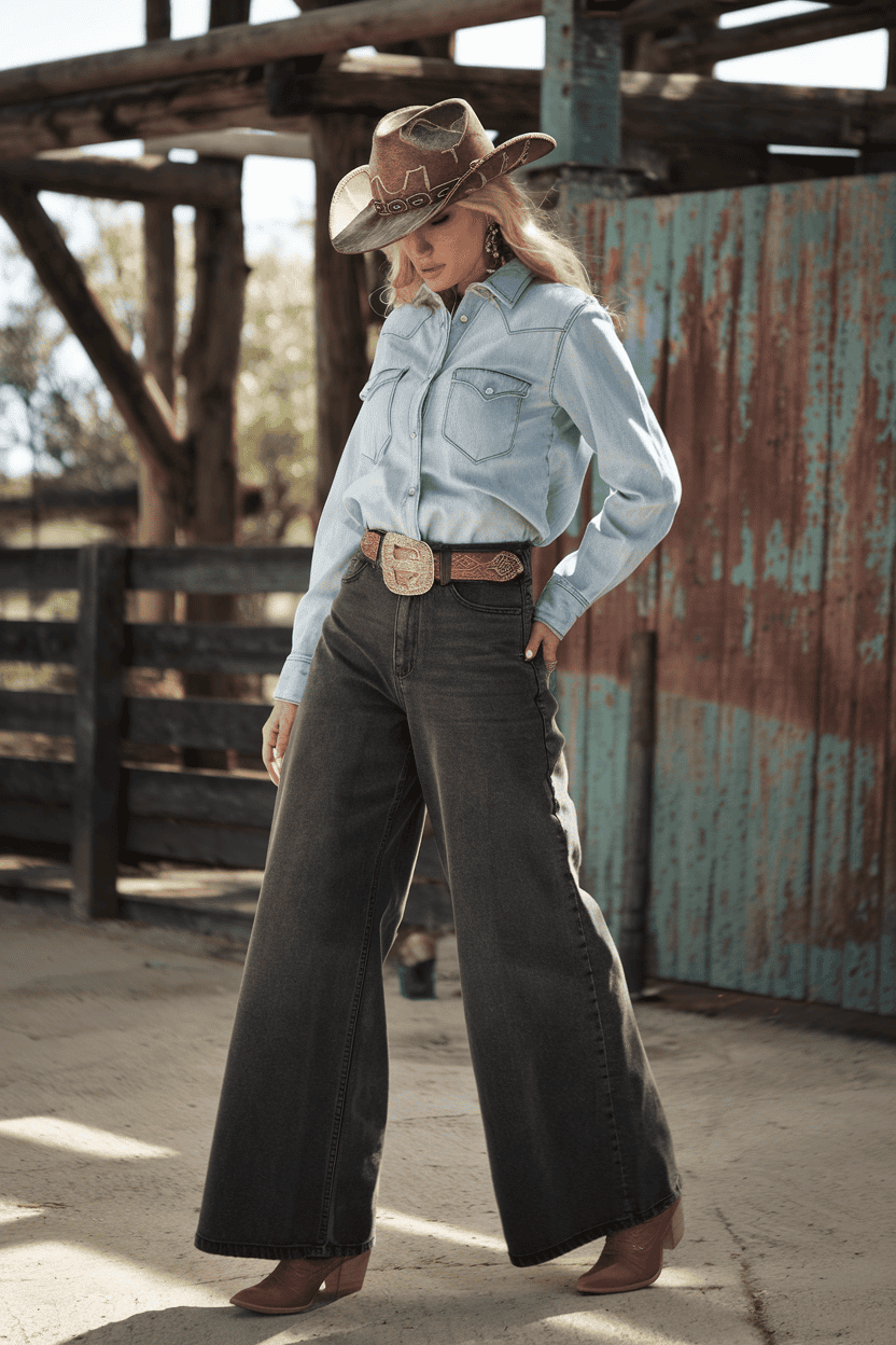 Fashionable woman in western wear poses confidently in a rustic outdoor setting.