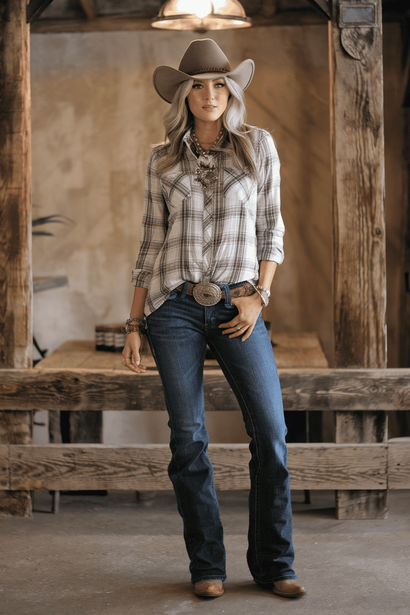 Stylish woman in rustic Western attire, featuring plaid shirt and chic boots in cozy interior.