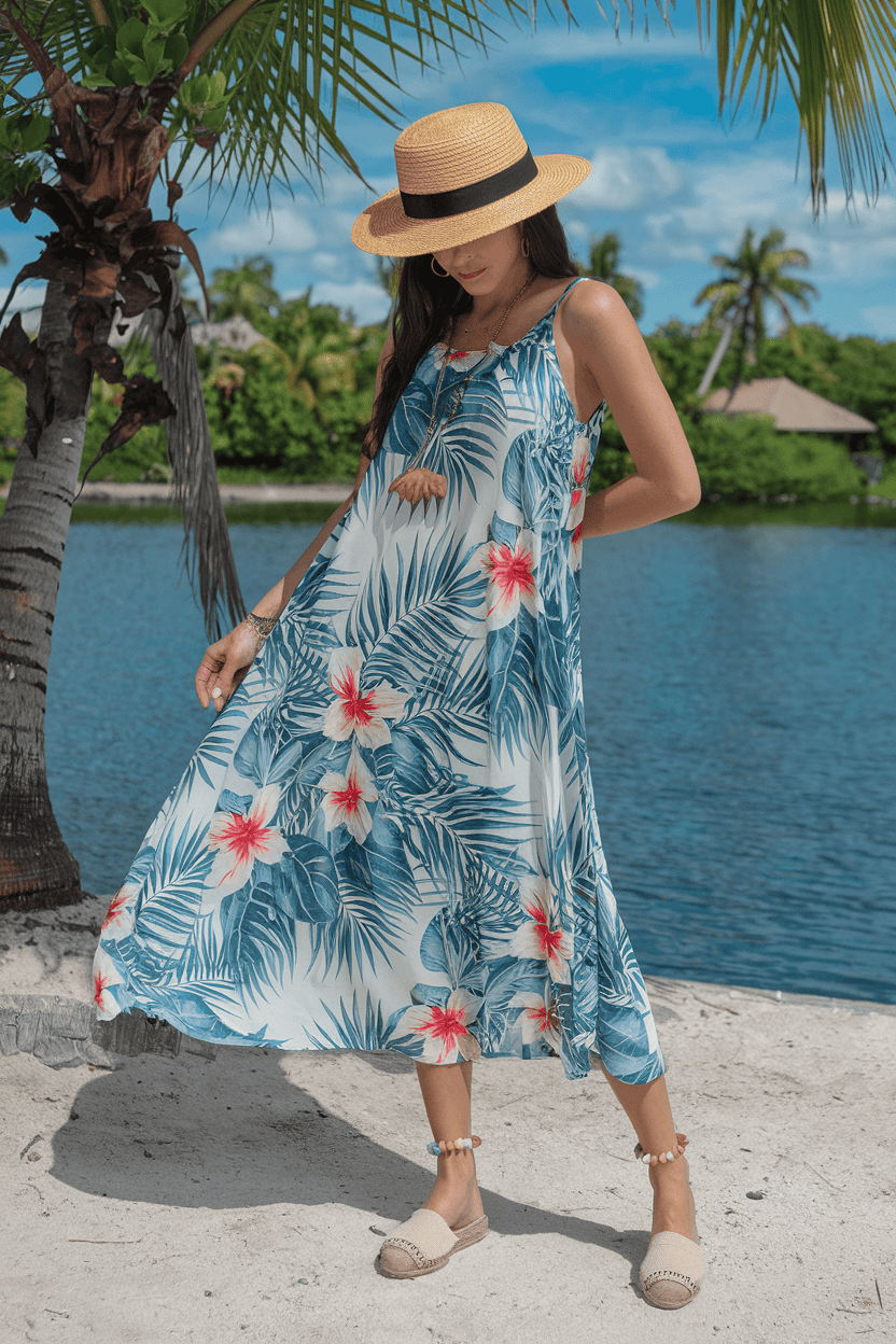 Tropical beach scene featuring a woman in a floral dress by the serene waters edge.