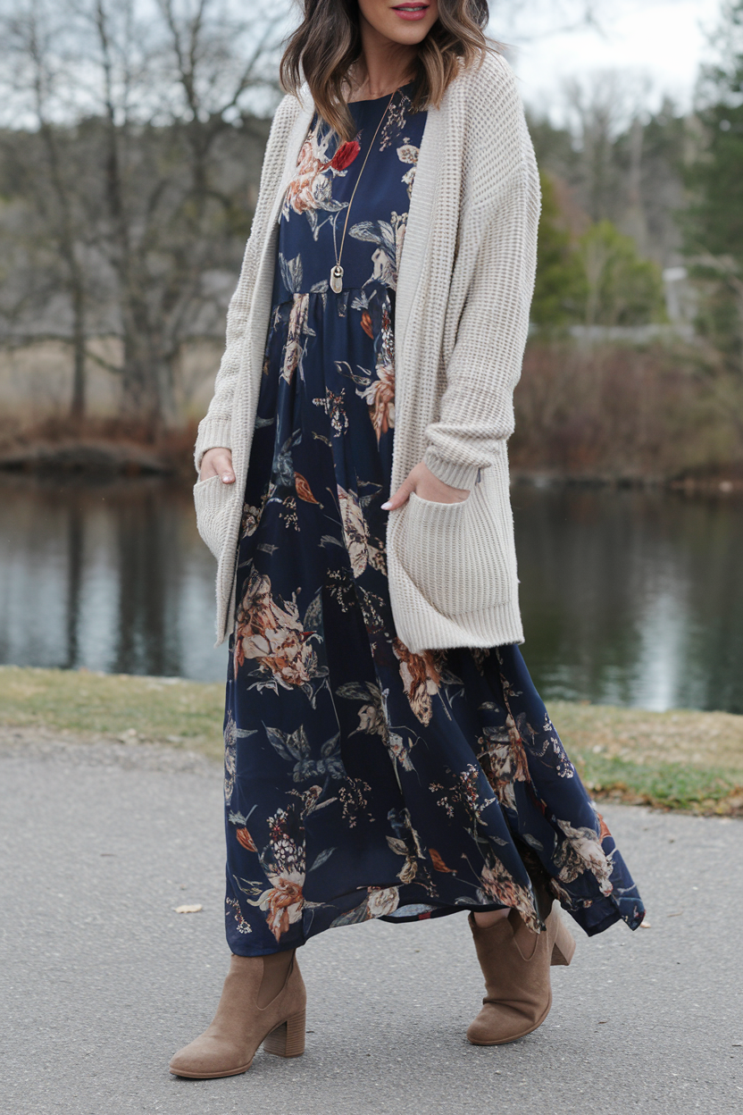 Woman in navy blue maxi dress and beige cardigan walking by tranquil water in autumn.