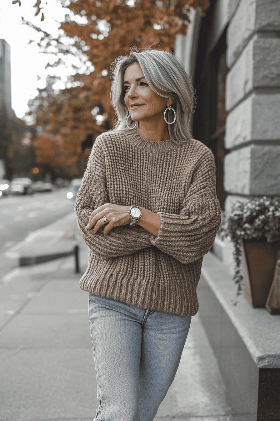 Stylish silver-haired woman in cozy sweater and jeans on autumn city sidewalk.