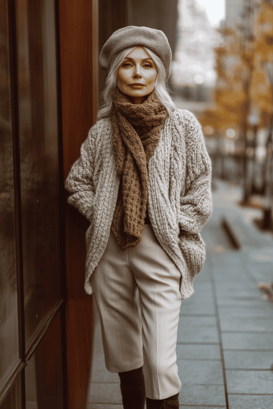 Stylish silver-haired woman in autumn outfit with chunky cardigan, scarf, boots, and wavy hair.