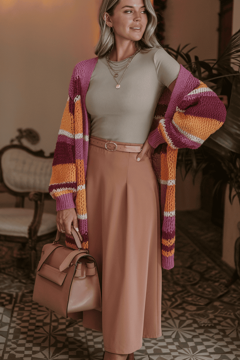 Sophisticated woman in beige top and vibrant cardigan poses elegantly with pink skirt and handbag.