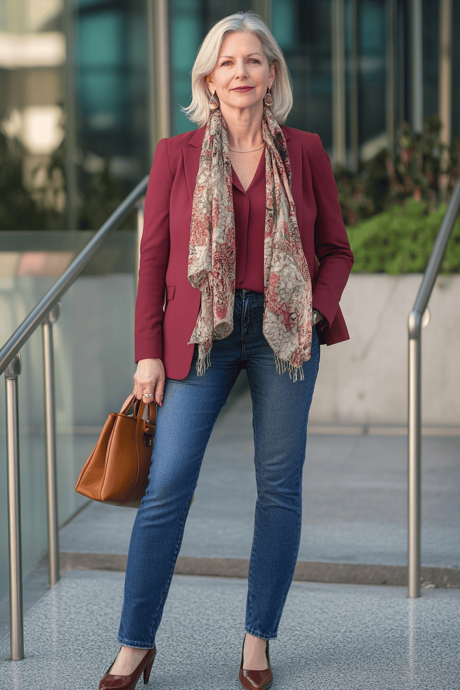 Confident woman in burgundy blazer and jeans standing outside modern building with urban greenery.