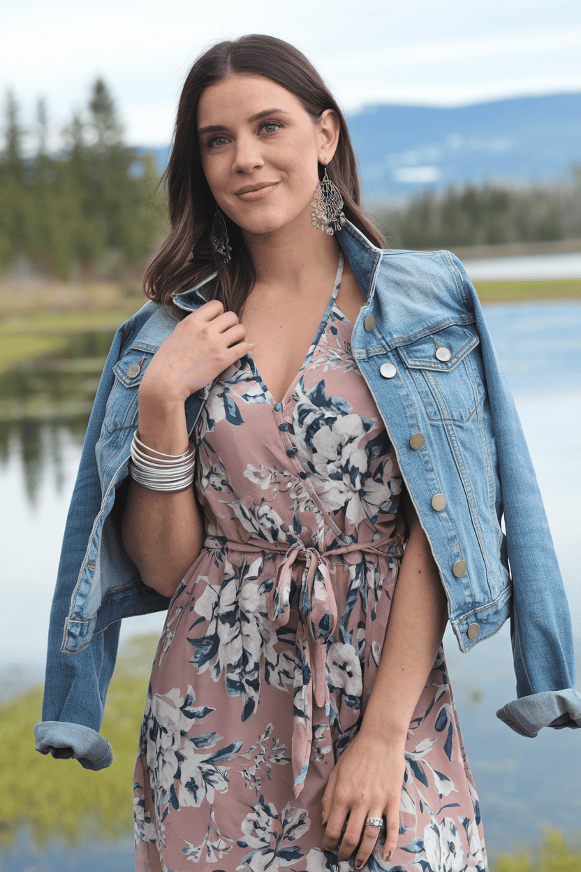 Young woman in floral dress posing gracefully outdoors near serene water and greenery.