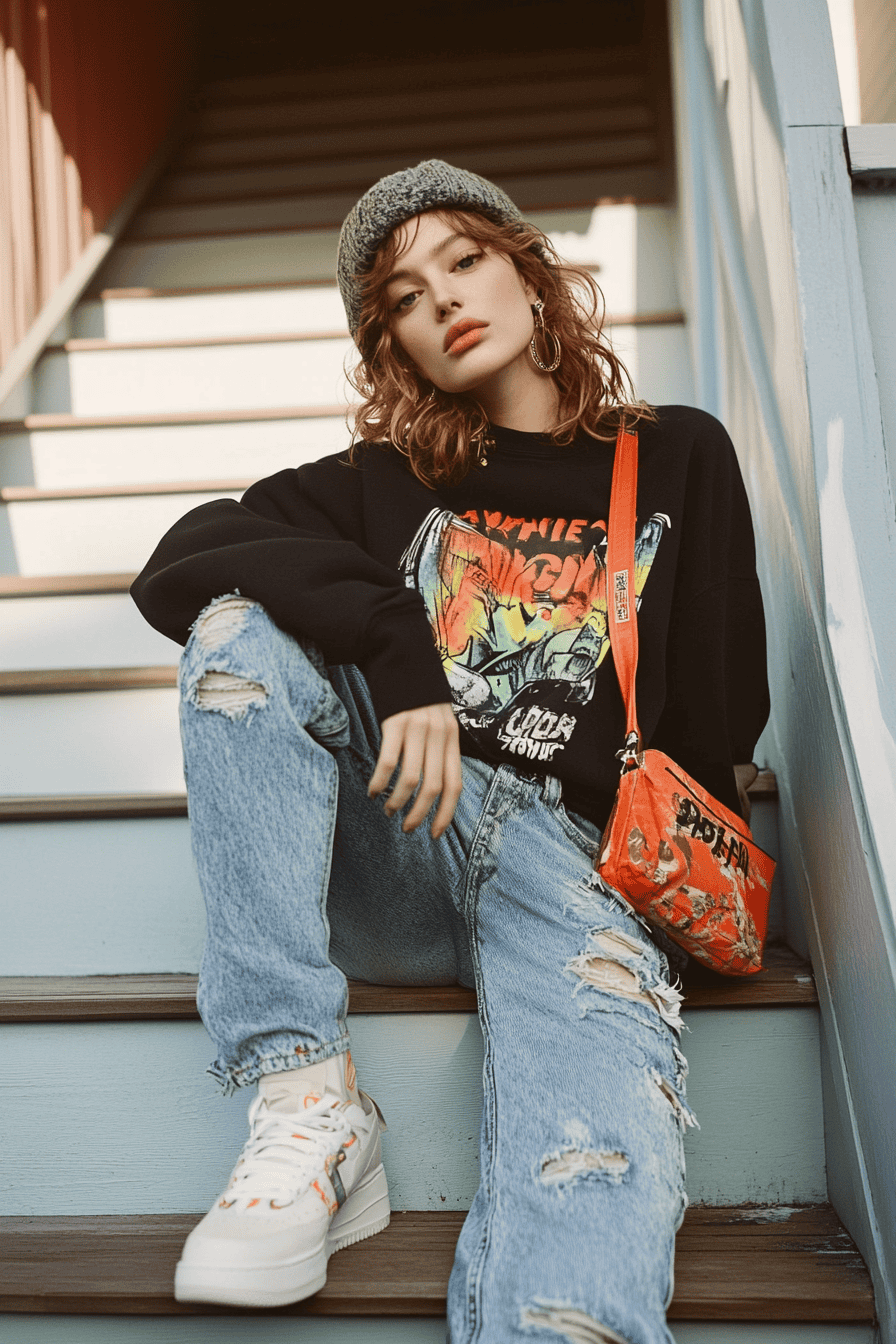 Trendy young woman in ripped jeans, band sweatshirt, beanie, and sneakers sits on pastel stairs.