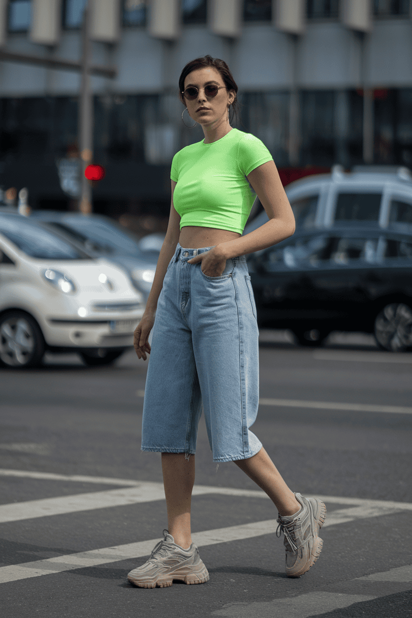 Confident urban woman in stylish neon crop top and denim shorts on busy city crosswalk.