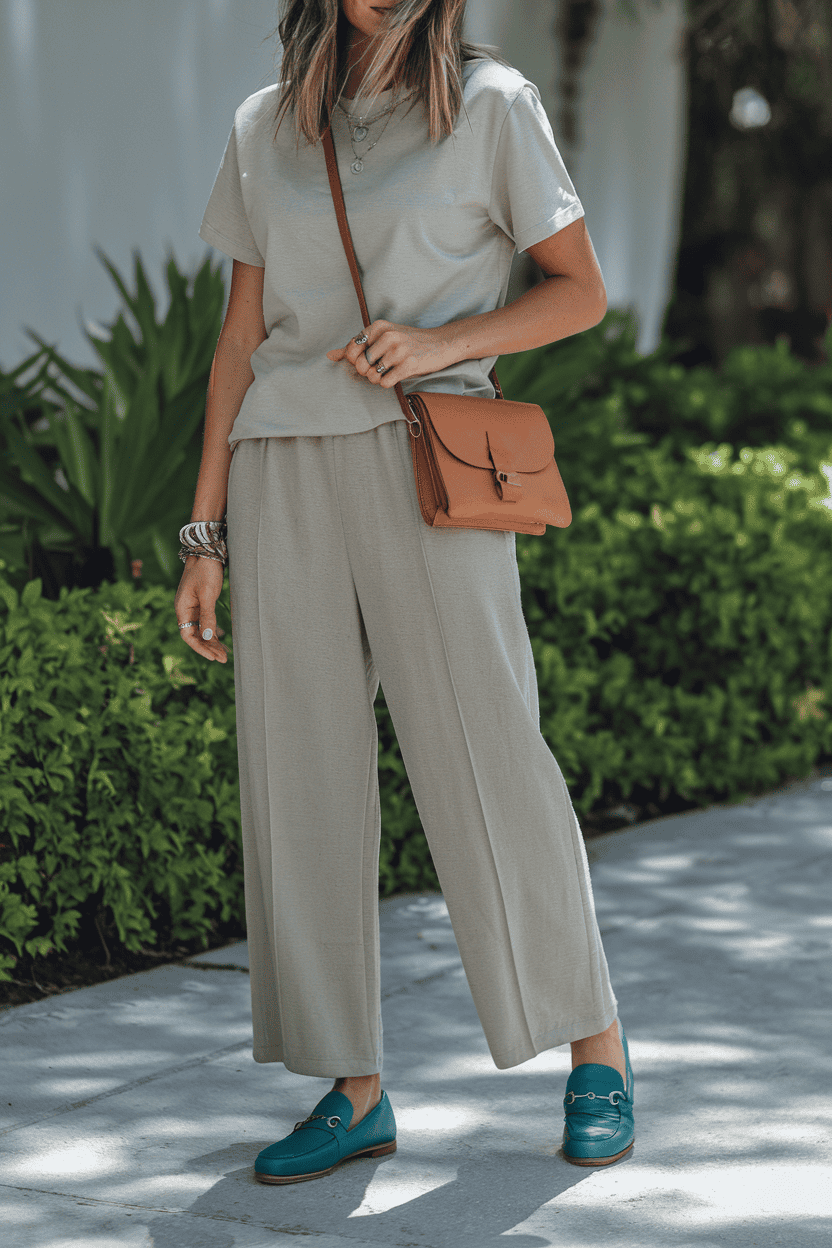 Stylish woman in casual outfit enjoying a vibrant garden setting.