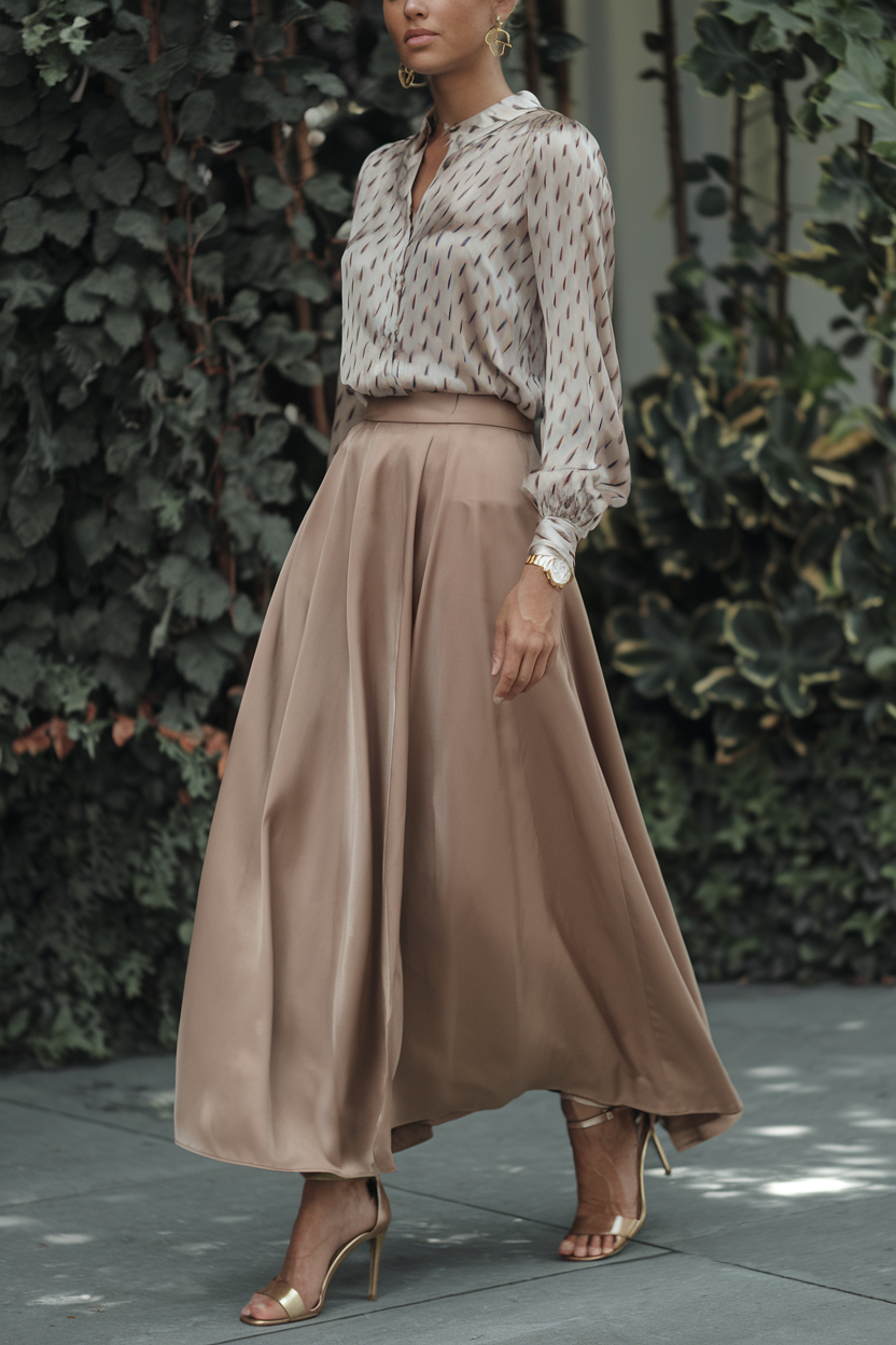 Elegant woman in A-line skirt walking through lush garden setting, showcasing relaxed outdoor fashion.