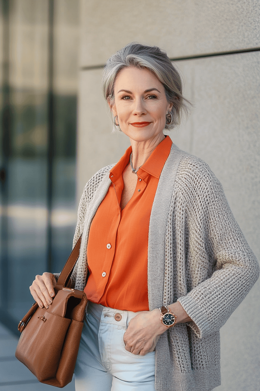Elegant older woman with silver hair in orange blouse, gray cardigan, modern architecture background.