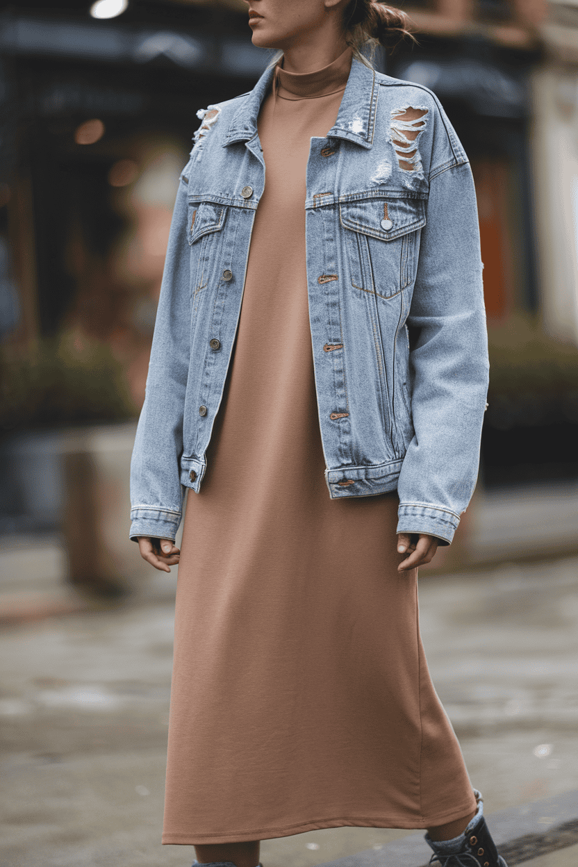 Model showcasing trendy outdoor fashion with a brown dress and distressed denim jacket.