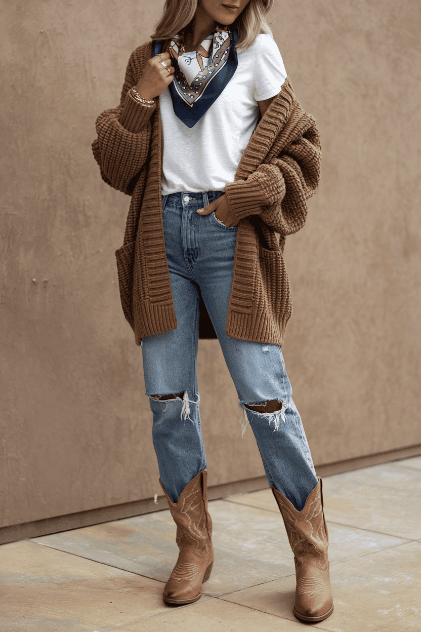 Woman in stylish oversized cardigan and cowboy boots, blending Western and modern fashion trends.