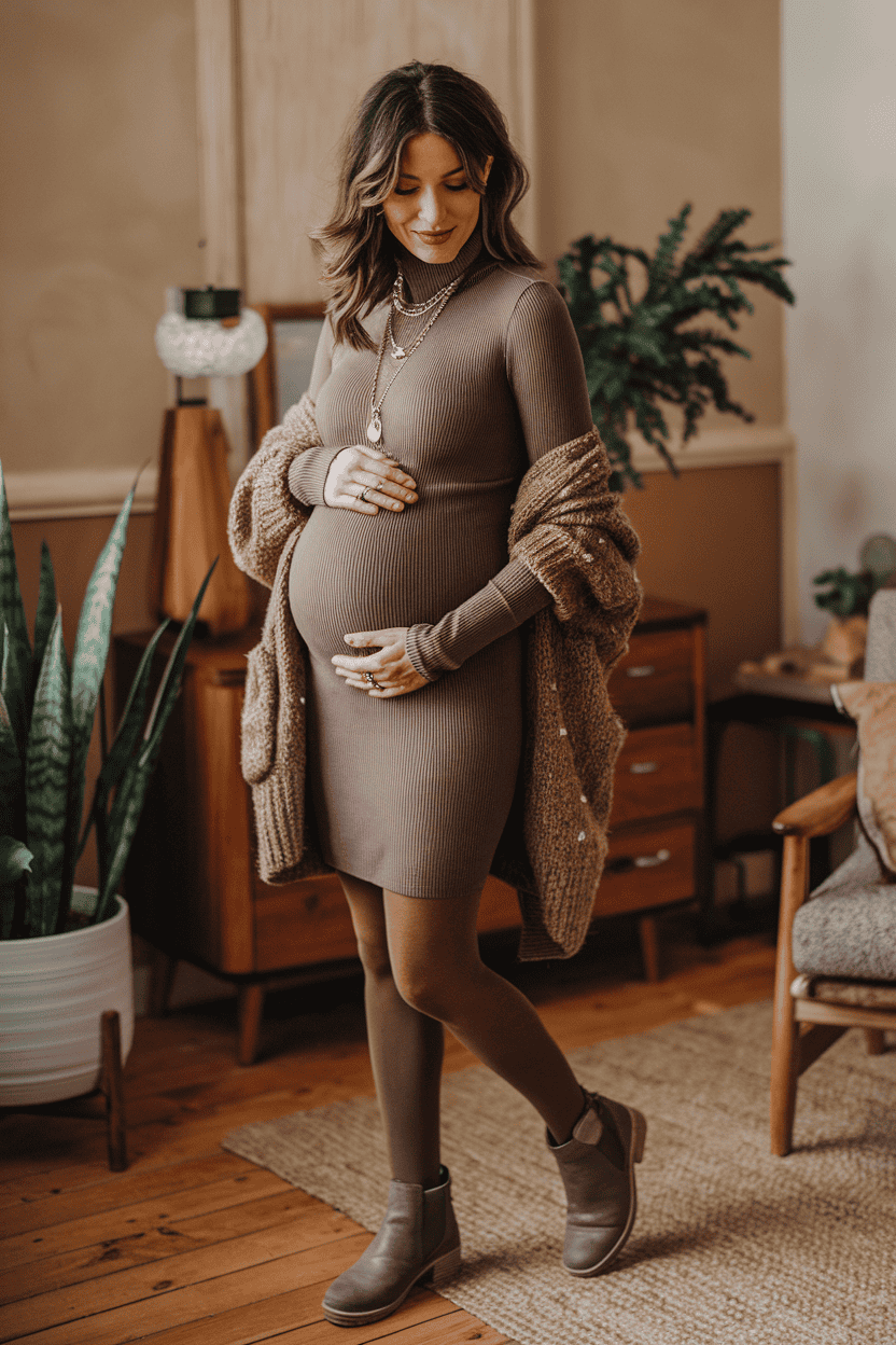 Stylish pregnant woman in cozy indoor space, showcasing warmth and elegance with her outfit.
