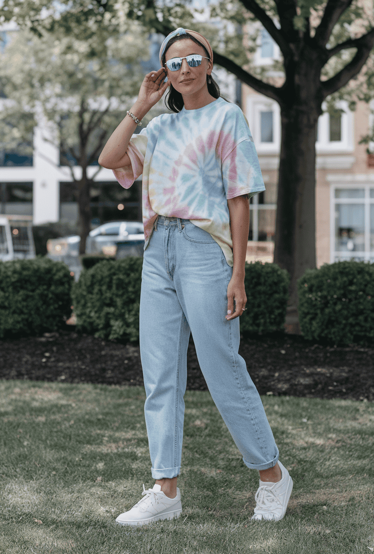 Young woman in a vibrant tie-dye shirt and jeans enjoying a sunny day in the park.