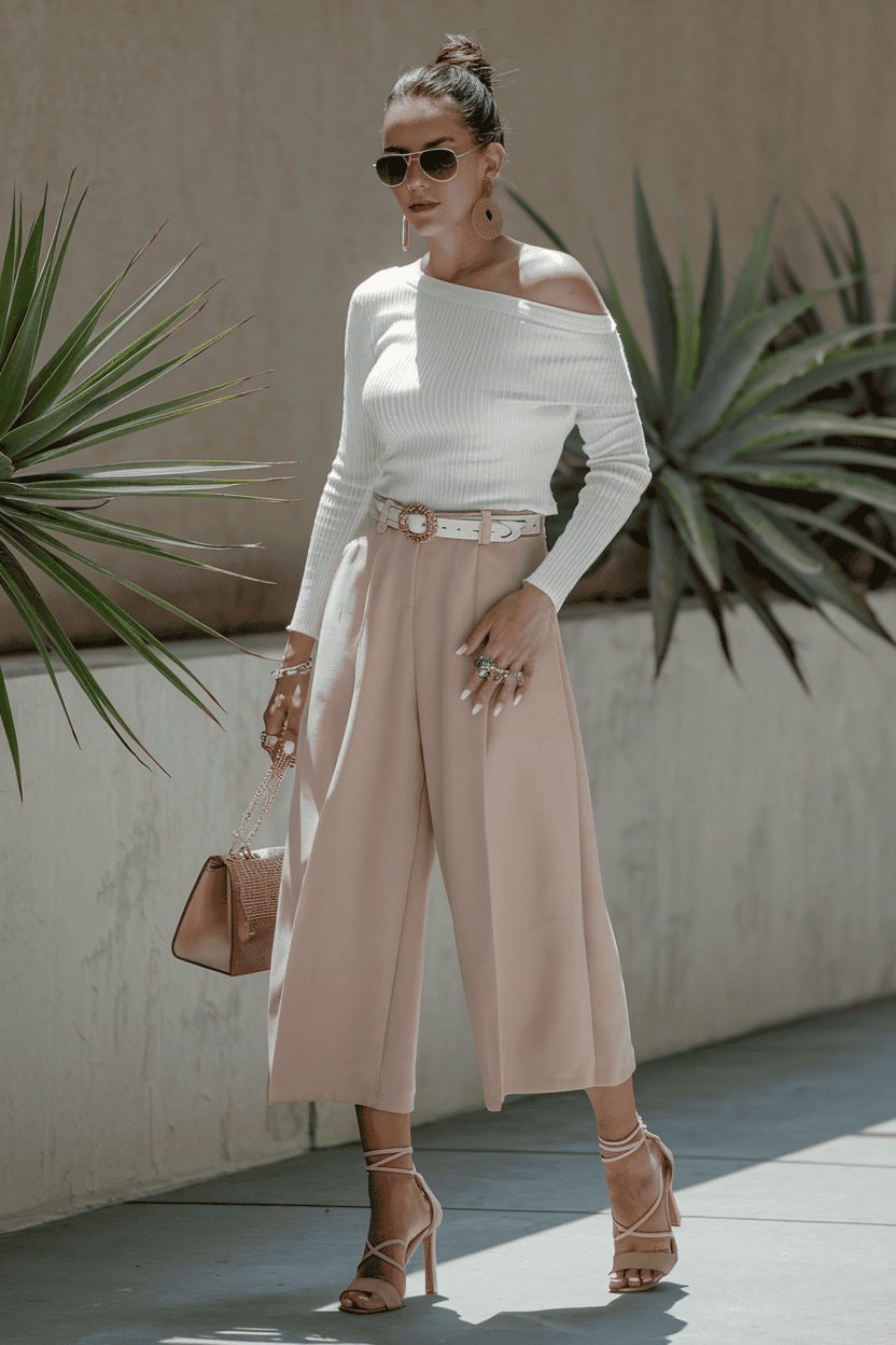 Stylish summer outfit: chic off-the-shoulder top and wide-legged trousers against lush greenery.