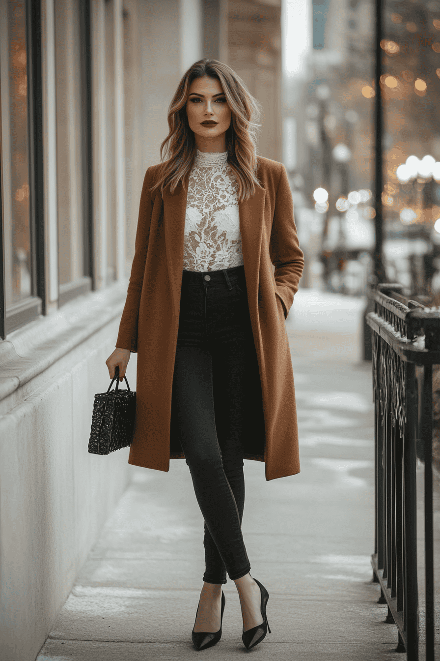 Chic woman in caramel coat and lace top, black jeans, winter city street fashion style.